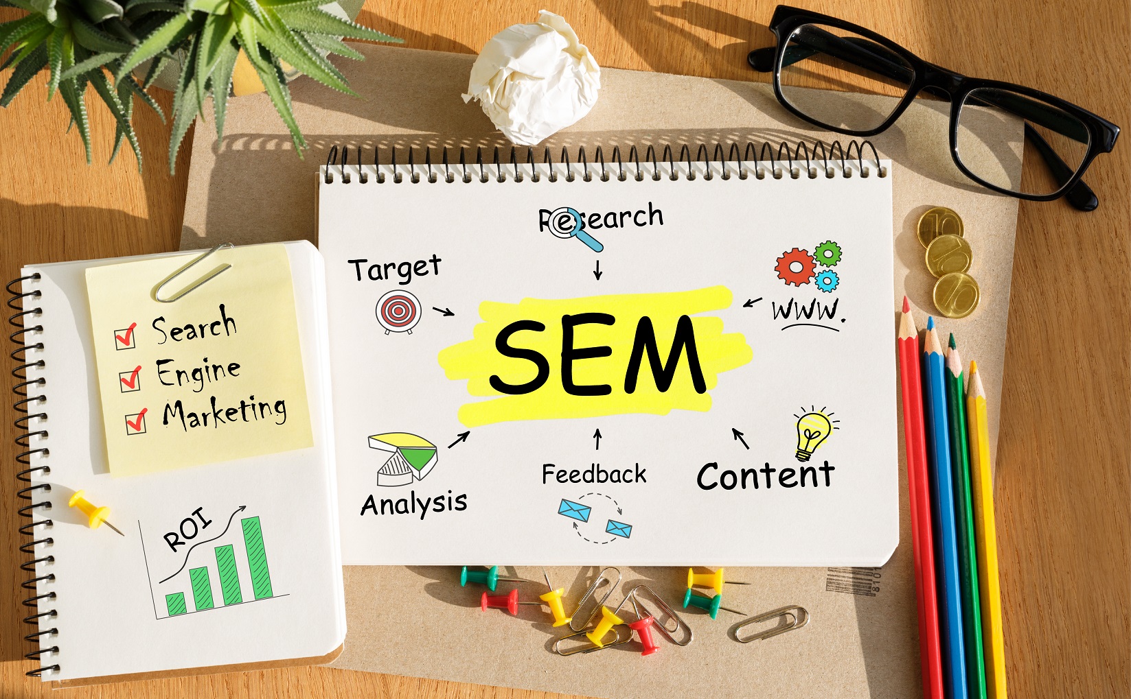Search Engine Marketing (SEM) strategy diagram with related concepts.