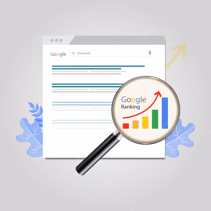 Google search ranking concept with a magnifying glass focusing on an SEO performance chart.