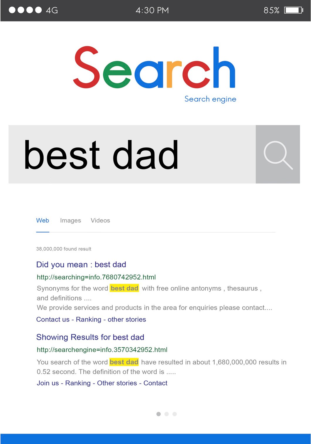 Search engine results page showing 'best dad' search query with highlighted keywords.