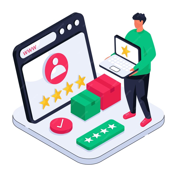 Illustration of a man displaying a laptop with customer ratings, reviews, and online feedback.