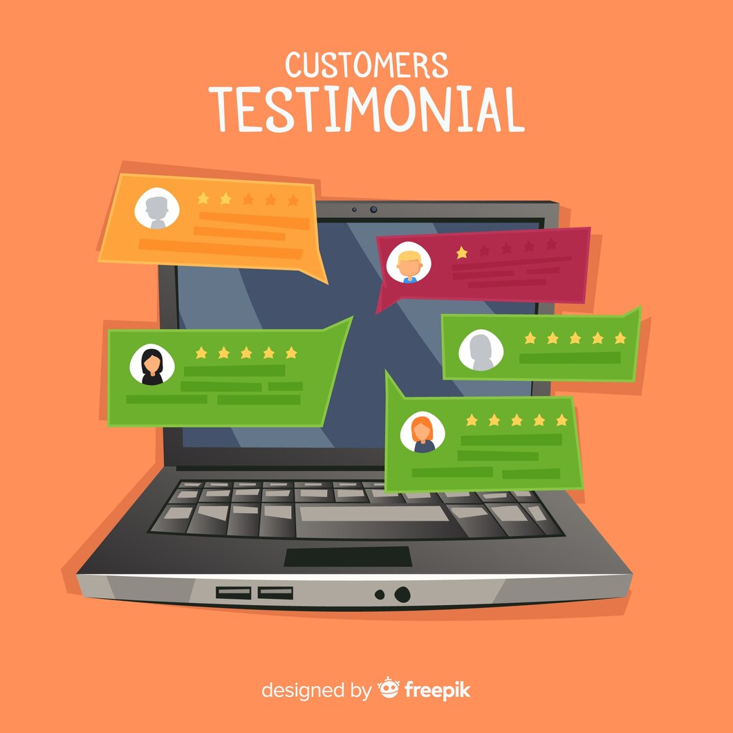 Laptop with floating customer reviews in speech bubbles, showcasing testimonials and ratings.