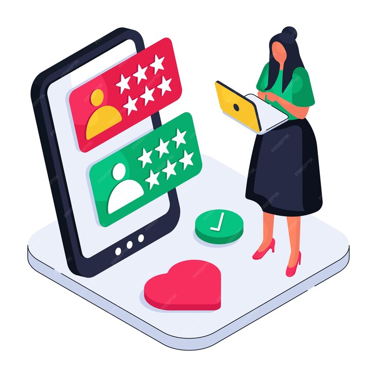 Illustration of a woman analyzing customer feedback on a mobile screen with star ratings.